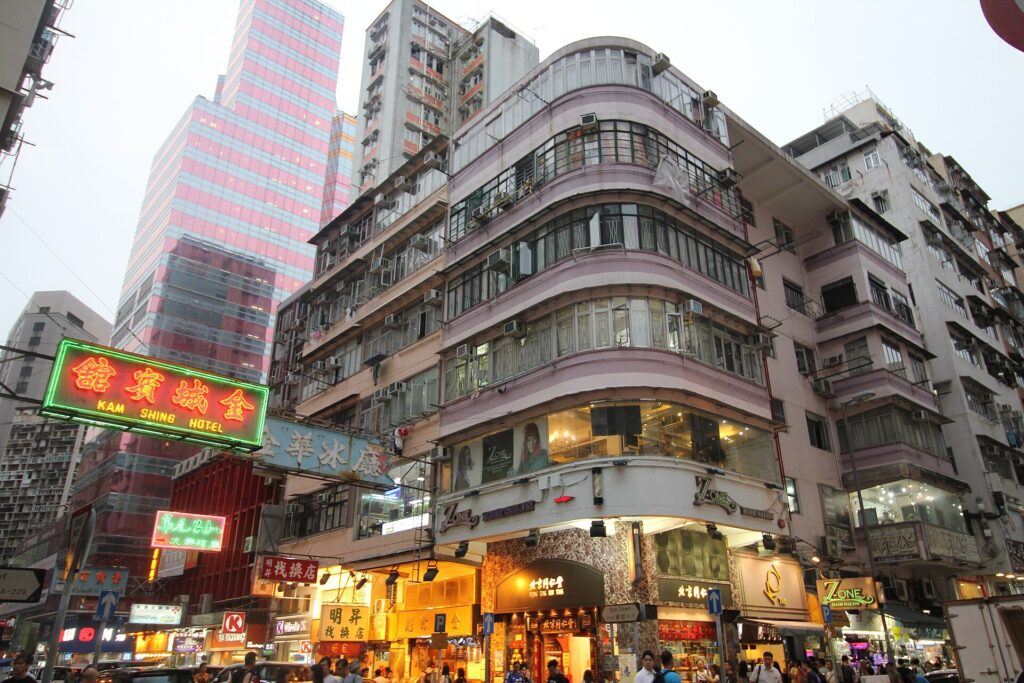 Mong Kok: Neon signs and tenement buildings