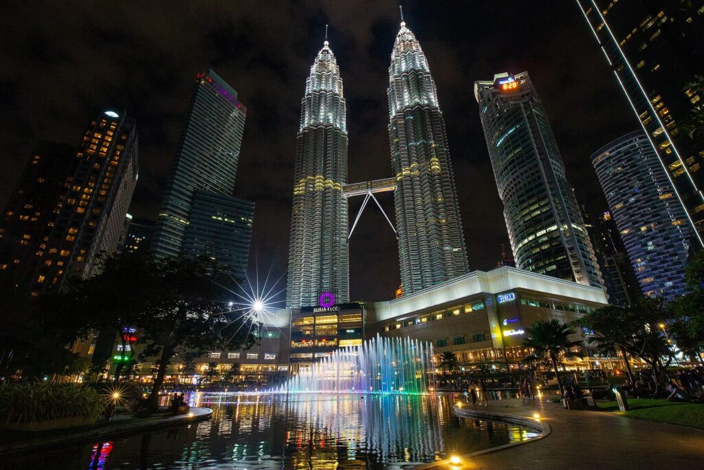 Petronas Towers: The towers and KLCC Park at night