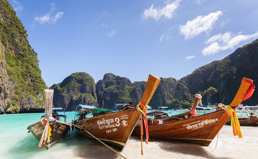 Phi Phi Islands: Long-tail boats at Maya Bay