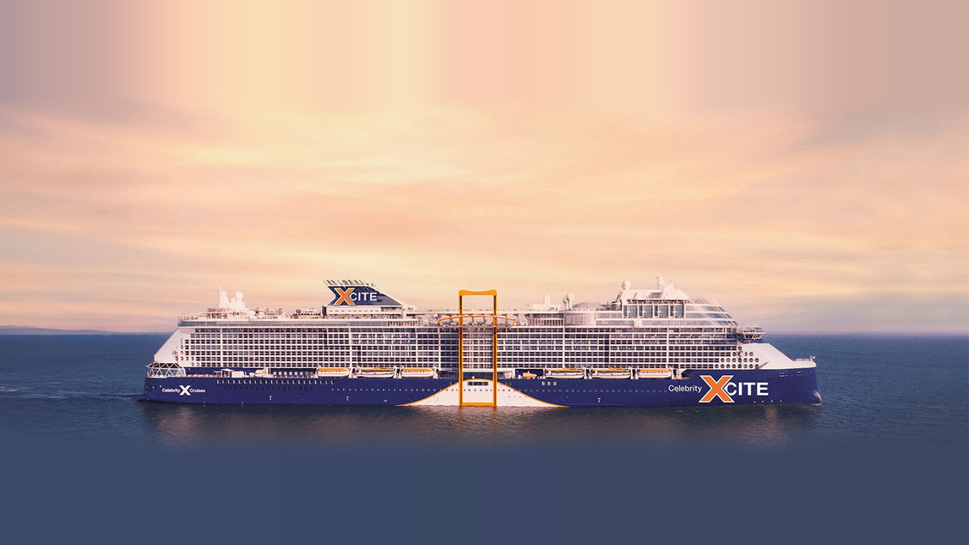 Rendering of Celebrity Xcite at sea at sunset, with the Magic Carpet on her side