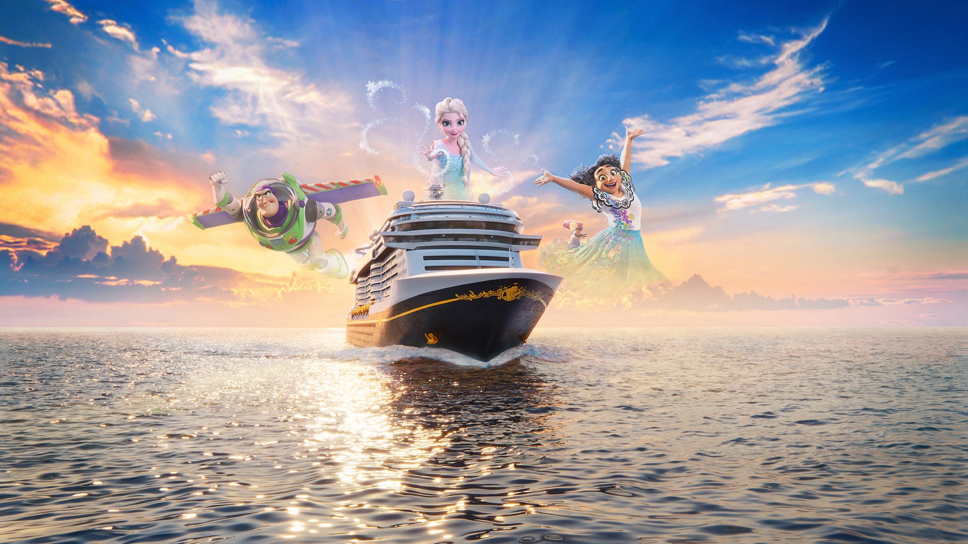 Promotional illustration of the Disney Believe with Buzz Lightyear, Elsa and Mirabel