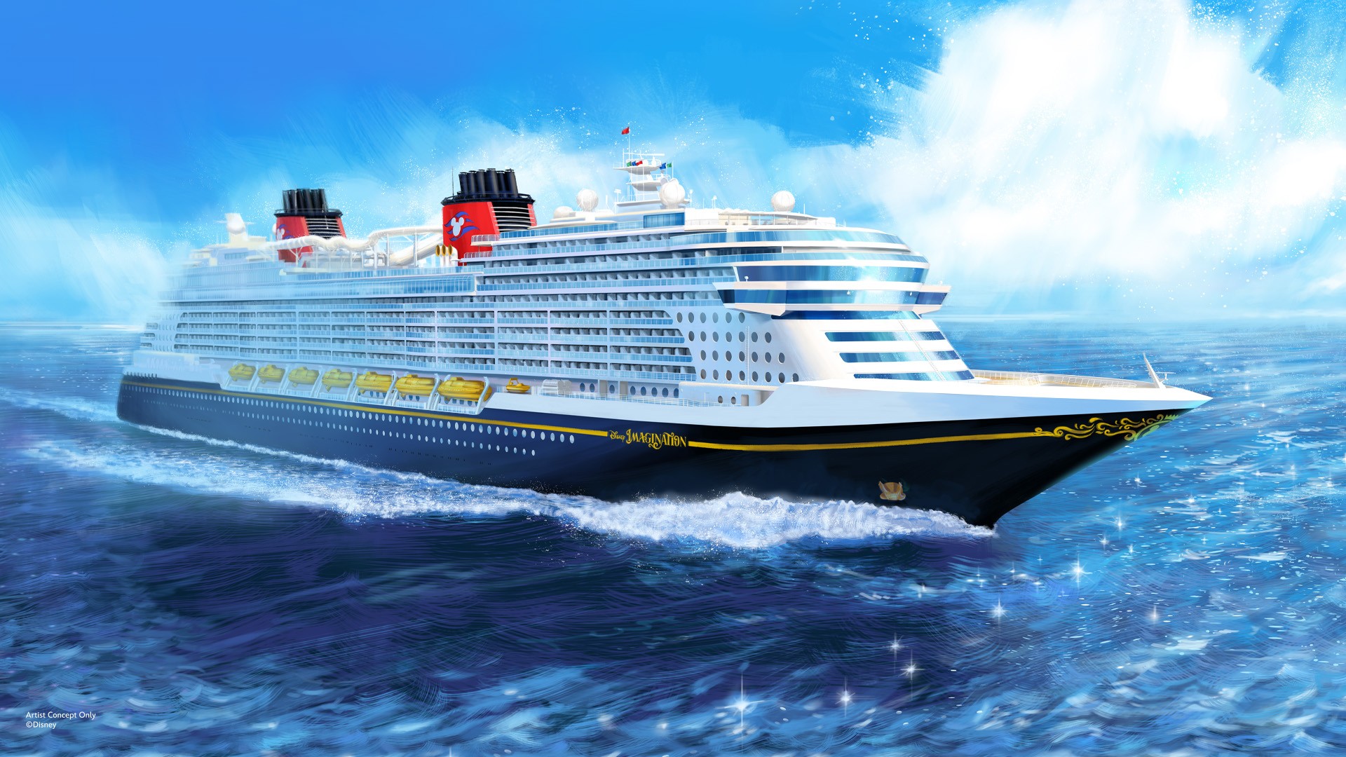 Rendering of Disney Imagination at sea, with a dark blue hull and red funnels
