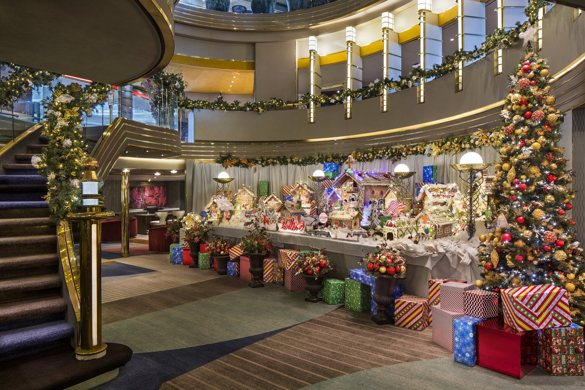 Holland America Line gingerbread village Gingerbread village and Christmas tree in the atrium of a Holland America Line ship