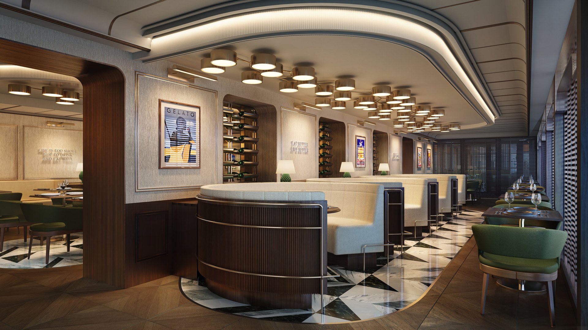 MSC World Asia, Eataly restaurant (rendering) Rendering of the Eataly restaurant on MSC World Asia, with curved booths, a wine wall and a marble floor