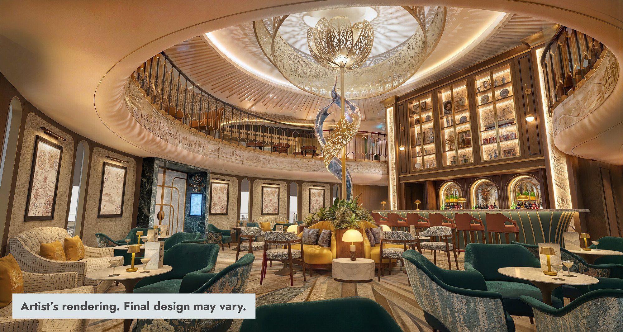 Oosterdam, Bar 1873 in the atrium (rendering) Rendering of Bar 1873 in Oosterdam's two-deck atrium, with an illuminated tulip sculpture over the lounge and a bar with display cabinets